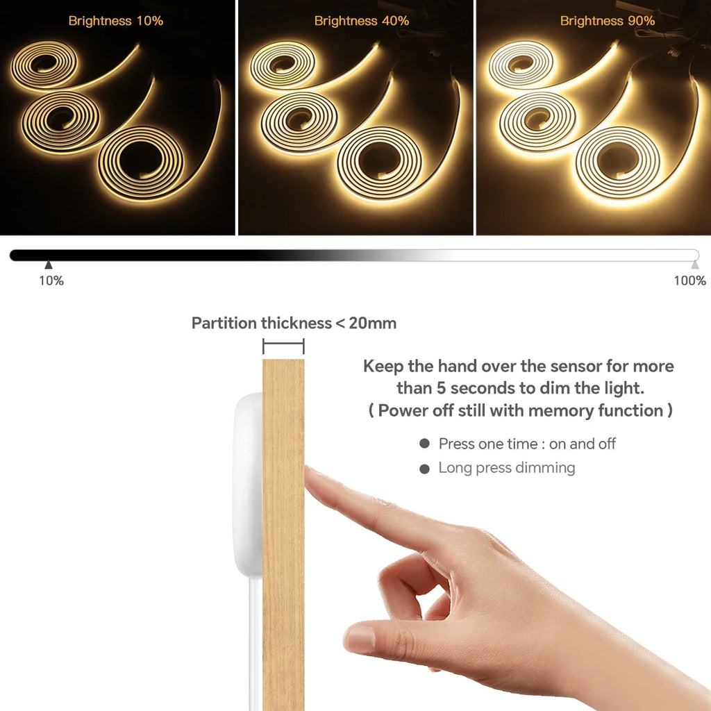 24V COB LED Strip Under Cabinet Light Neon Tape with Touch Dimmable Swtich for Closet Showcase Shelf Wall Acoustic Panel Decor