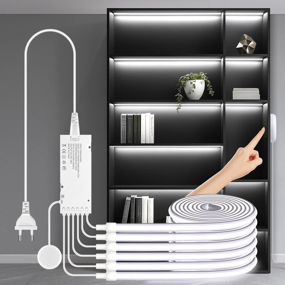 24V COB LED Strip Under Cabinet Light Neon Tape with Touch Dimmable Swtich for Closet Showcase Shelf Wall Acoustic Panel Decor