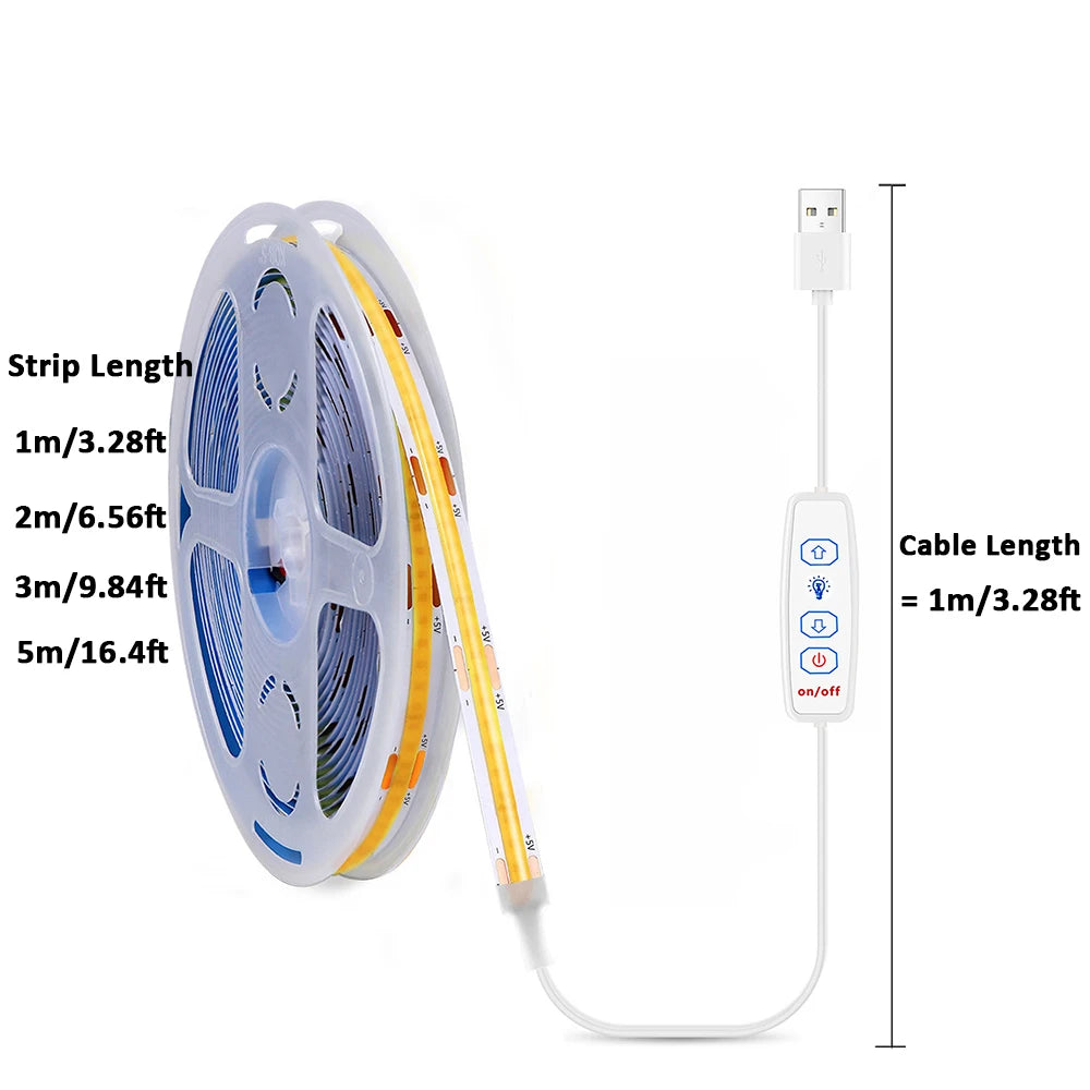 LED Strip Lights USB 5V COB Led Strip with Dimmer for Under Cabinet Kitchen Bedroom Lighting